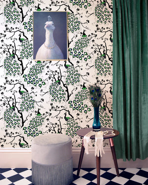 Peacock wallpaper by Dupenny in multicolour, peacocks in branches in an interior setting