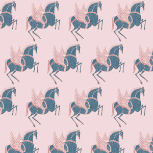 Pegasus velvet by Annika Reed in navy and pink, full repeat of winged horses