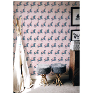 Pegasus wallpaper by Annika Reed in navy and pink, winged horses in a living room