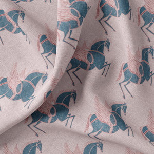 Pegasus linen by Annika Reed in navy and pink, draped close-up of winged horses