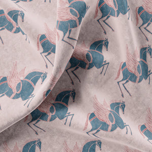 Pegasus velvet by Annika Reed in navy and pink, draped, showing winged horses