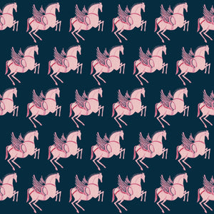 Pegasus wallpaper by Annika Reed in navy and pink, flat sample of winged horses