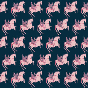Pegasus linen by Annika Reed in navy and pink, flat sample of winged horses (alternate view)