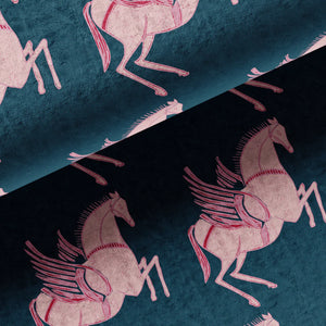 Pegasus velvet by Annika Reed in navy and pink, draped, showing winged horses (alternate view)