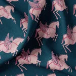 Pegasus linen by Annika Reed in navy and pink, draped, showing winged horses (alternate view)