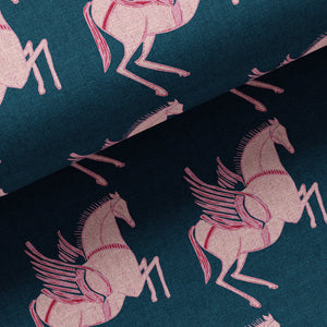 Pegasus linen by Annika Reed in navy and pink, full repeat of winged horses (alternate view)