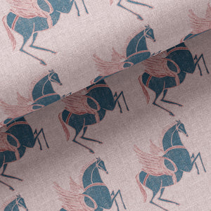 Pegasus linen by Annika Reed in navy and pink, flat sample of winged horses