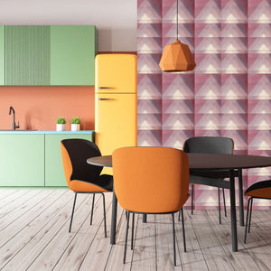 Motif wallpaper by Tatie Lou in pink, geometric pyramids in a dining area