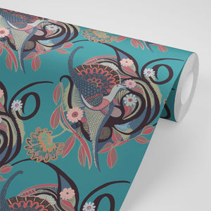 Phoenix wallpaper by Tatie Lou in teal and pink, sample roll showing swirling phoenix feathers