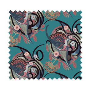 Phoenix velvet by Tatie Lou in teal, flat sample of swirling phoenix feathers