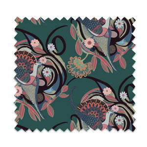 Phoenix velvet by Tatie Lou in teal, pattern sample of swirling phoenix feathers