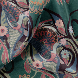 Phoenix velvet by Tatie Lou in teal, draped close-up of swirling phoenix feathers