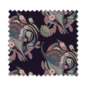 Phoenix velvet by Tatie Lou in navy, full repeat of swirling phoenix feathers