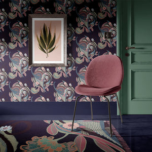 Phoenix wallpaper by Tatie Lou in navy, swirling phoenix feathers on a living room wall