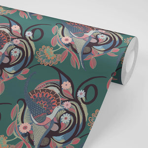 Phoenix wallpaper by Tatie Lou in teal, roll showing swirling phoenix feathers
