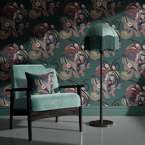 Phoenix wallpaper by Tatie Lou in teal, swirling phoenix feathers in a living room