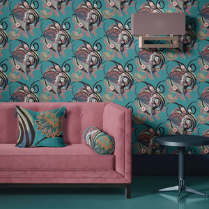 Phoenix wallpaper by Tatie Lou in teal and pink, swirling phoenix feathers in a living room