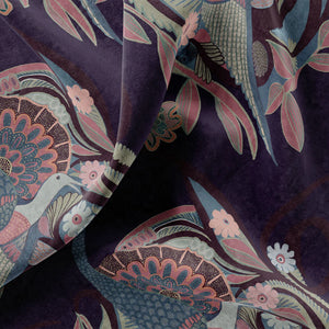 Phoenix velvet by Tatie Lou in navy, draped, showing swirling phoenix feathers