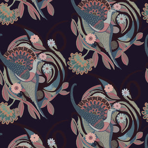 Phoenix wallpaper by Tatie Lou in navy, full repeat of swirling phoenix feathers