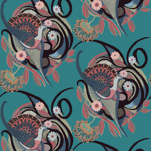 Phoenix wallpaper by Tatie Lou in teal and pink, flat sample of swirling phoenix feathers