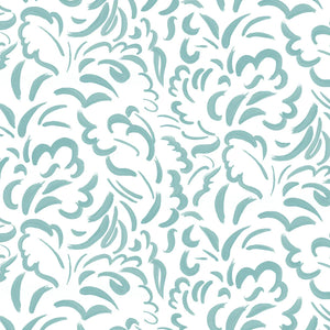 Pia linen by Claire de Quénetain in turquoise, full repeat of scattered leaves