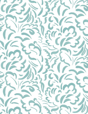 Pia linen by Claire de Quénetain in turquoise, full repeat of scattered leaves