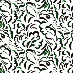 Pia linen by Claire de Quénetain in green, flat sample of scattered leaves