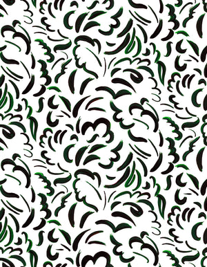 Pia linen by Claire de Quénetain in green, flat sample of scattered leaves