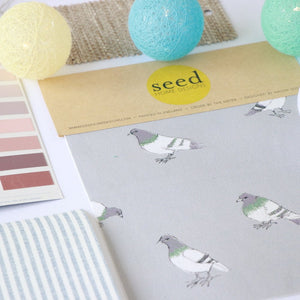 Pigeon in Grey fabric by Seed Home Designs in grey, flat sample of watercolour pigeons