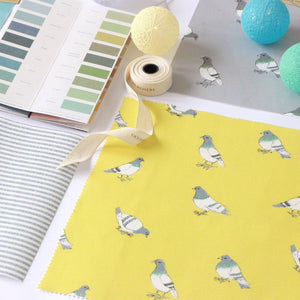Pigeon in Yellow fabric by Seed Home Designs in yellow, full repeat of watercolour pigeons