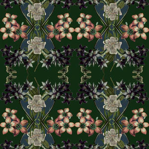 Hampi velvet by Tatie Lou in dark green, full repeat of tropical flowers in a mirrored print