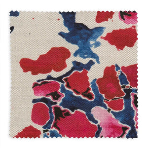 Pink and Blue linen by Bethie Tricks in pink and blue, full repeat of painted blooms