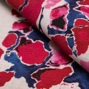 Pink and Blue linen by Bethie Tricks in pink and blue, in soft folds showing painted blooms
