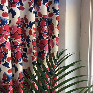Pink and Blue linen by Bethie Tricks in pink and blue, painted blooms made into curtains