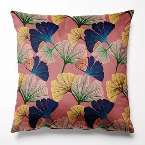 Ginkgo velvet by Tatie Lou in pink and yellow, oversized ginkgo leaves made into a cushion
