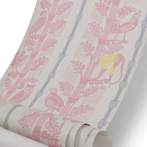 Monkeys and Birds wallpaper by St. Jude's in pink, roll showing monkeys and birds on stems