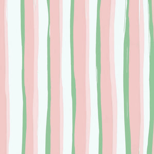 Beside the Seaside linen by Annika Reed in pink and green, flat sample of seaside stripes