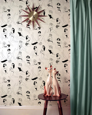 Pin Up wallpaper by Dupenny in black and white, pin-up girls in a styled room setting