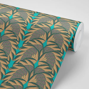 Plume wallpaper by Tatie Lou in teal, roll showing Deco plumes