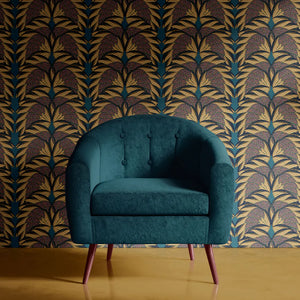 Plume wallpaper by Tatie Lou in navy and gold, Deco plumes in a living room