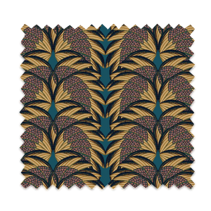 Plume velvet by Tatie Lou in navy and gold, pattern sample of Deco plumes