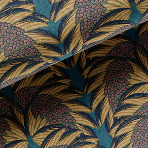 Plume velvet by Tatie Lou in navy and gold, draped close-up of Deco plumes