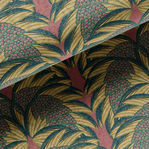 Plume velvet by Tatie Lou in pink and gold, draped, showing Deco plumes