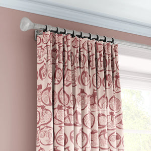 Pomegranate linen by Annika Reed in pink, pomegranates made into curtains