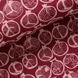 Pomegranate linen by Annika Reed in burgundy, flat sample of pomegranates