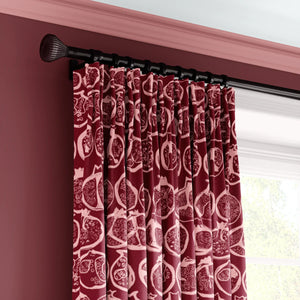 Pomegranate velvet by Annika Reed in burgundy, pomegranates made into curtains