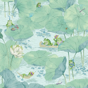 Pond Life wallpaper by Brand McKenzie in pale green, close-up of lily pads and pond life