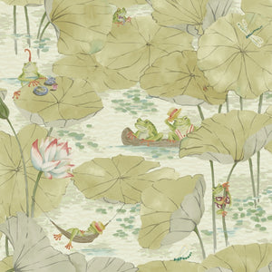 Pond Life wallpaper by Brand McKenzie in sage green, close view of lily pads and pond life