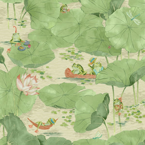 Pond Life wallpaper by Brand McKenzie in green, pattern detail of lily pads and pond life