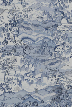 Dream Catcher wallpaper by Victoria Sanders in blue, pattern sample of a dreamlike toile of birds and foliage